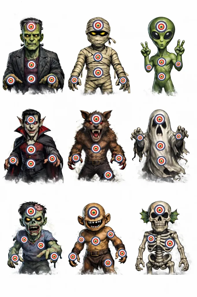 9 Monster Targets - Paper 17cm x 17cm